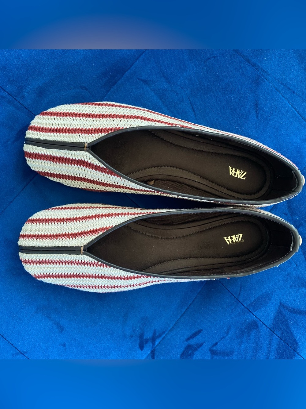 ZARA Red & Cream Striped Woven Ballet Flats